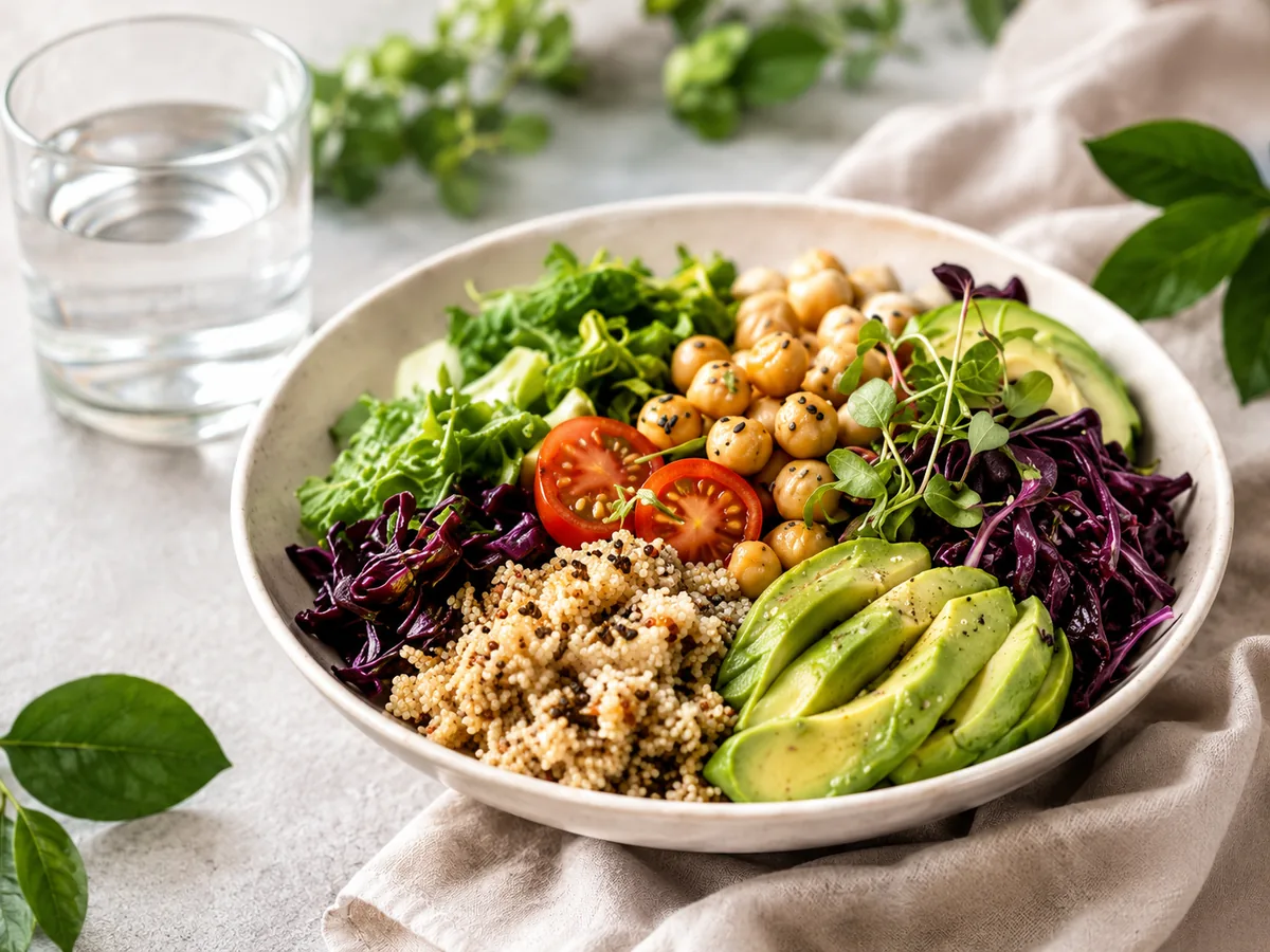 Plato vegano con legumbres, verduras y cereales